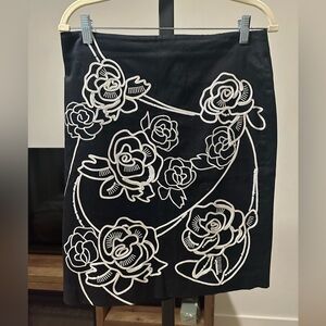 White House Black Market Black Skirt with White Embroidery